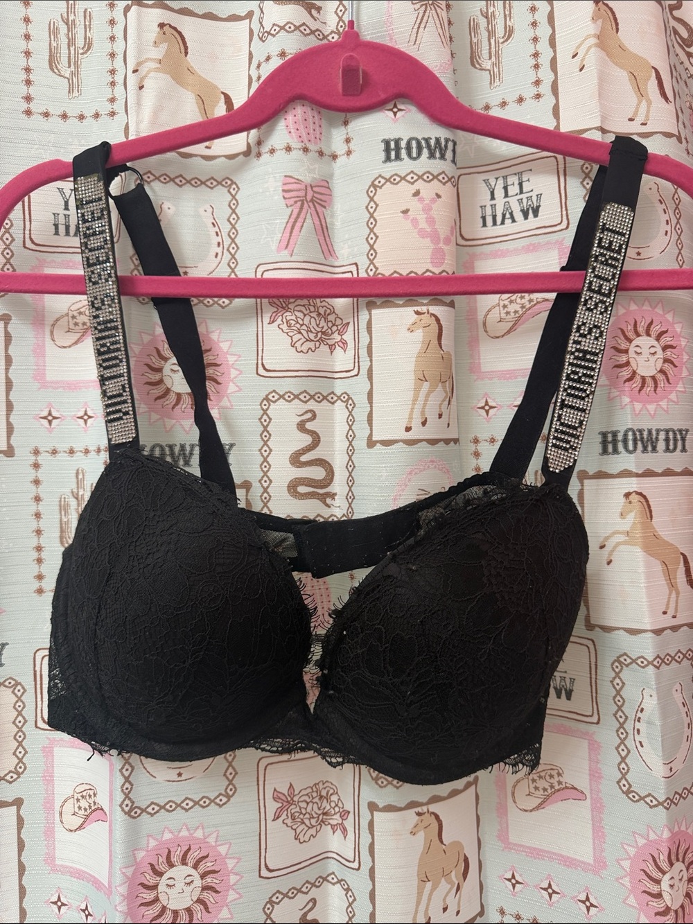 PINK Victoria's Secret Black Lace Push-Up Bra with Rhinestone Straps